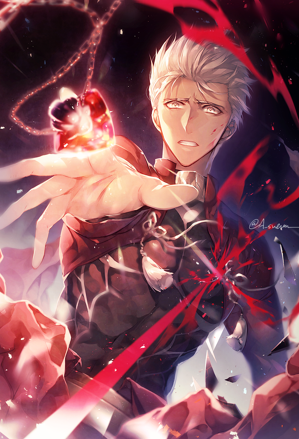 1boy archer armor blood blood_on_face collar dark_background dark_skin dark_skinned_male facing_viewer fate/stay_night fate_(series) grey_hair h_sueun highres injury jacket jewelry long_sleeves male_focus open_mouth pendant ruby_(gemstone) sim solo teeth unlimited_blade_works upper_body white_hair