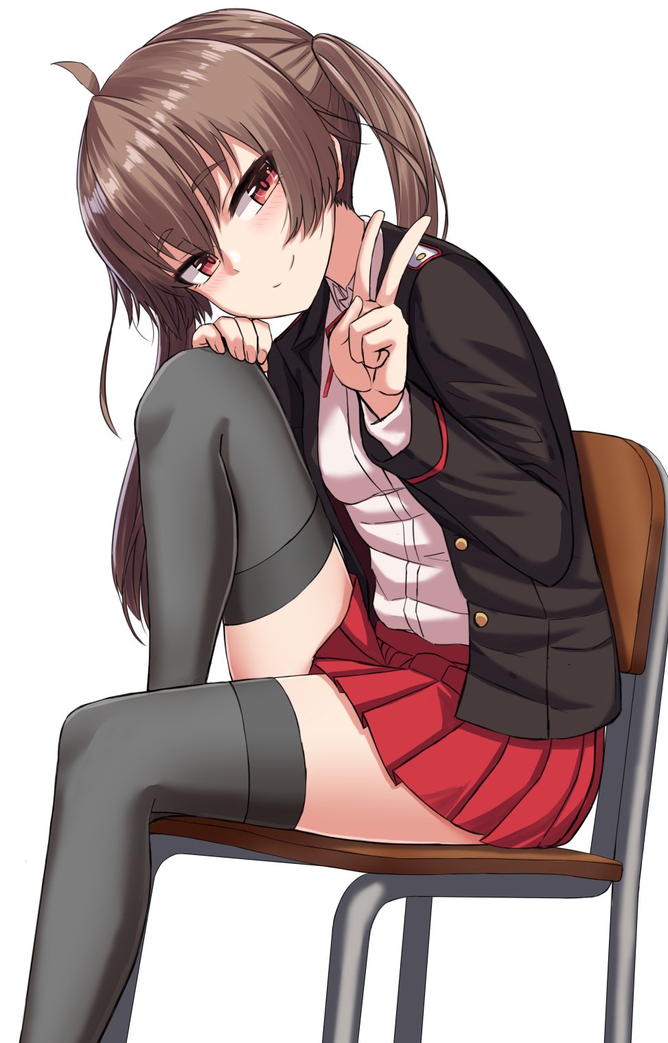 1girl ahoge black_jacket black_legwear blazer breasts brown_hair chair closed_mouth head_tilt highres jacket knee_up long_hair long_sleeves looking_at_viewer miniskirt open_clothes open_jacket original pleated_skirt rabochicken red_eyes red_skirt school_chair school_uniform shirt simple_background sitting skirt small_breasts smile solo thigh-highs twintails v white_background white_shirt wing_collar zettai_ryouiki