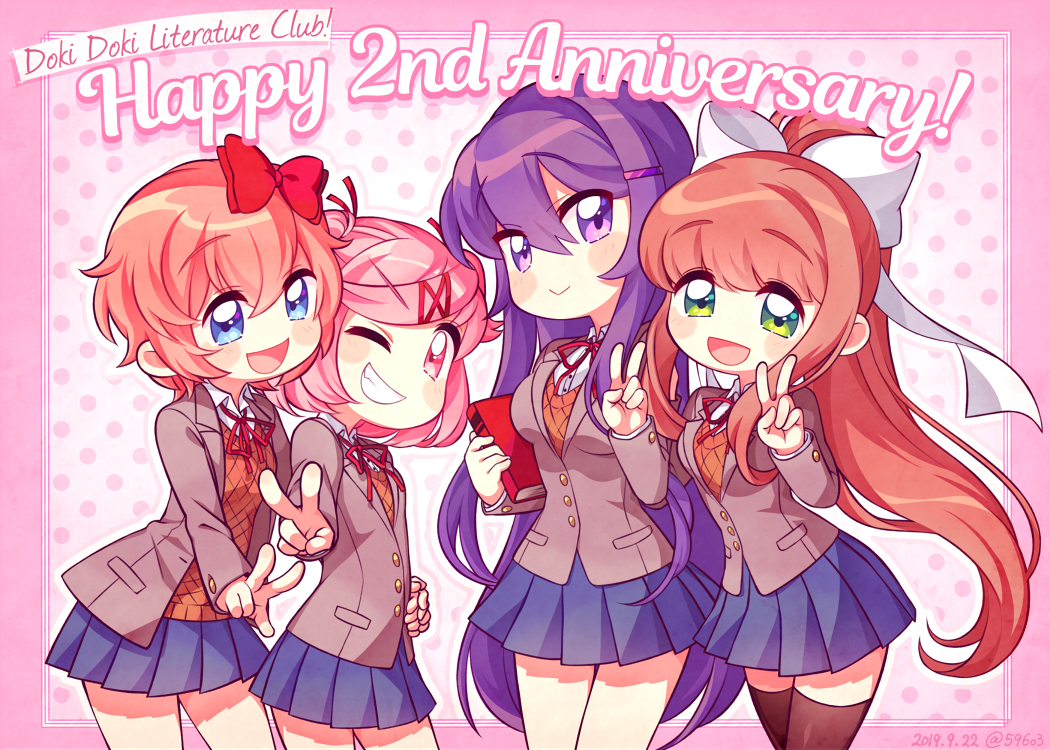 4girls :&gt; :d ;d anniversary bangs black_legwear blue_skirt blush_stickers book bow brown_hair chibi commentary copyright_name dated doki_doki_literature_club english_text eyebrows_visible_through_hair eyes_visible_through_hair fang grey_jacket grin hair_between_eyes hair_bow hair_ornament hair_ribbon hairclip holding holding_book jacket long_hair looking_at_viewer monika_(doki_doki_literature_club) multiple_girls nan_(gokurou) natsuki_(doki_doki_literature_club) one_eye_closed open_mouth pink_hair pleated_skirt ponytail purple_hair red_bow red_ribbon ribbon sayori_(doki_doki_literature_club) school_uniform short_hair skirt smile thigh-highs twitter_username two_side_up v very_long_hair white_ribbon yuri_(doki_doki_literature_club)