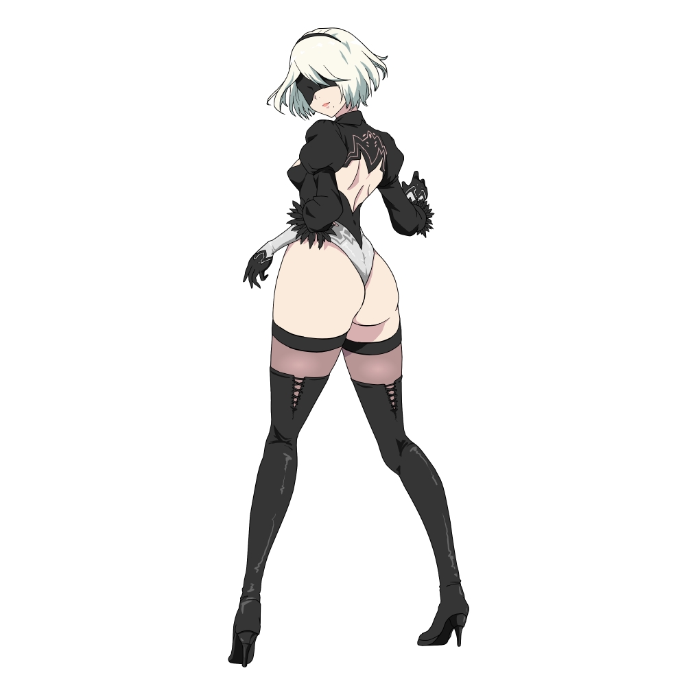 1girl artist_request ass bangs black_footwear black_legwear blindfold boots breasts closed_mouth commentary feather_trim from_behind gloves hairband high_heel_boots high_heels highleg highleg_leotard leotard lips long_sleeves looking_back medium_breasts mole mole_under_mouth nier_(series) nier_automata puffy_sleeves short_hair simple_background thigh-highs thigh_boots thighs turtleneck white_background white_hair yorha_no._2_type_b