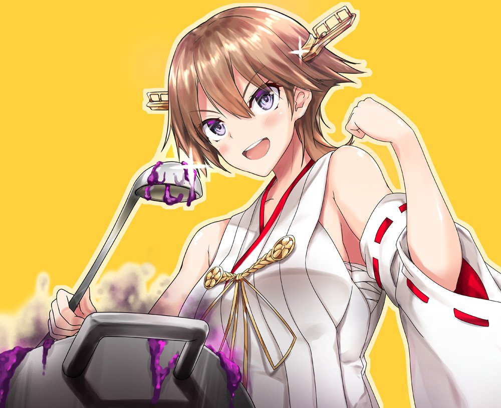 1girl akizuki_akina bad_food bandages brown_hair clenched_hand commentary_request detached_sleeves flipped_hair glint hairband headgear hiei_(kantai_collection) japanese_clothes kantai_collection ladle nontraditional_miko pot ribbon-trimmed_sleeves ribbon_trim sarashi short_hair simple_background solo violet_eyes yellow_background