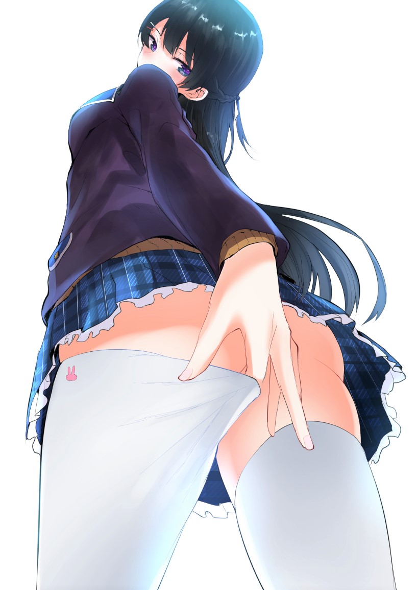 1girl ass bangs black_hair blazer hair_ornament hairclip jacket long_hair looking_at_viewer nijisanji rikosyegou school_uniform simple_background skirt solo thigh-highs tsukino_mito violet_eyes virtual_youtuber white_background white_legwear