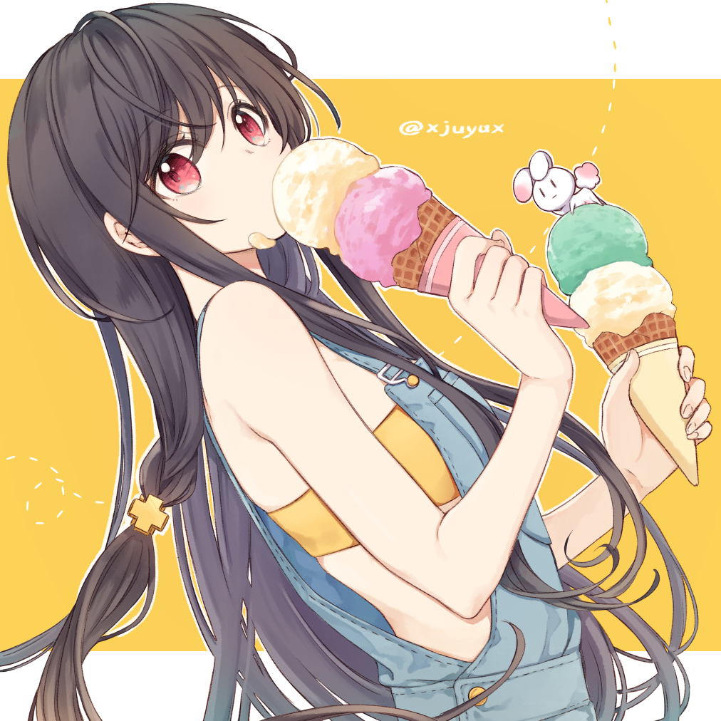 1girl arms_up bandeau bare_arms black_hair bra breasts chinese_commentary commentary_request covered_mouth denim double_scoop dutch_angle expressionless food food_on_face from_side holding holding_food ice_cream ice_cream_cone ice_cream_on_face jiyuu_(xjuyux) long_hair looking_at_viewer low-tied_long_hair original overalls rabbit red_eyes simple_background small_breasts standing twitter_username underwear upper_body very_long_hair waffle_cone yellow_background yellow_bra |_|