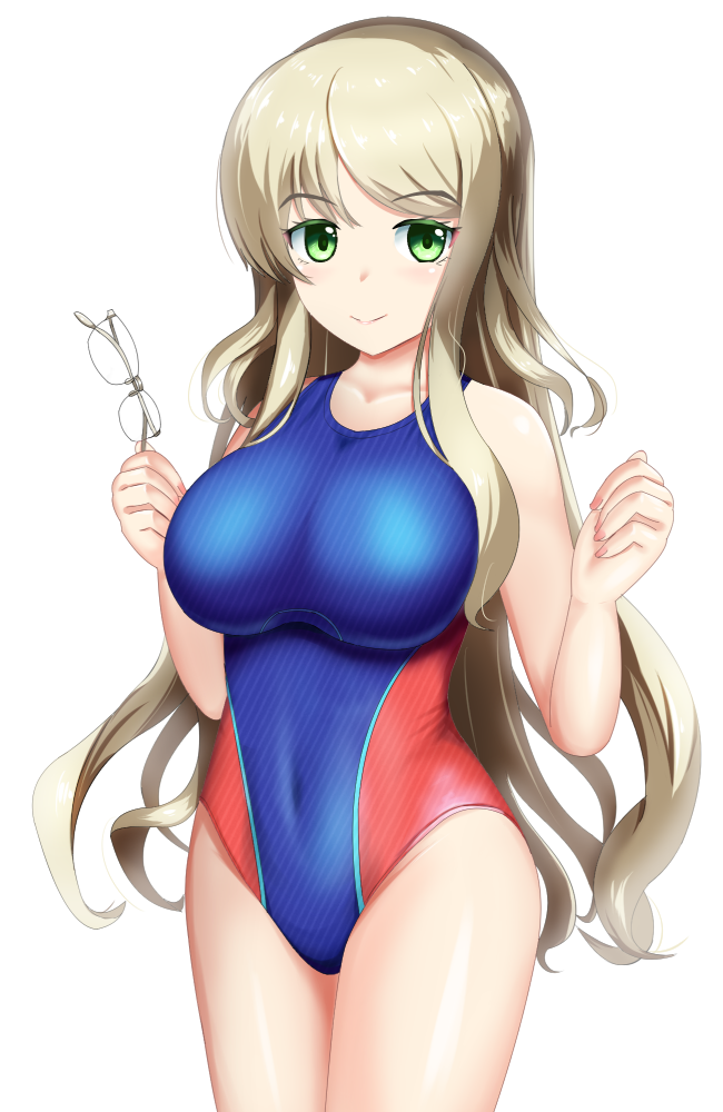 1girl blonde_hair blue_swimsuit breasts chaos;head collarbone competition_swimsuit cowboy_shot eyewear_removed green_eyes kusunoki_yua large_breasts looking_at_viewer one-piece_swimsuit sauku simple_background smile solo standing swimsuit wavy_mouth white_background