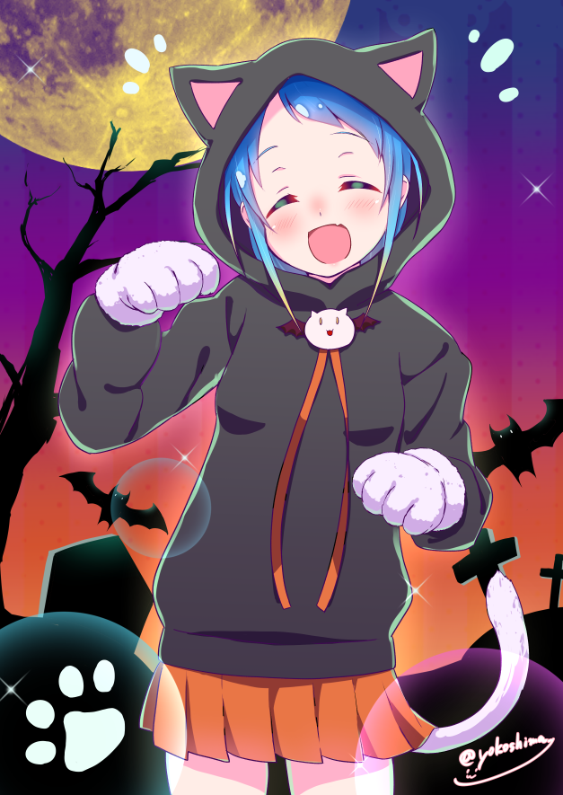 1girl animal_ears bangs bare_tree bat blue_hair breasts cat_ears cat_tail closed_eyes commentary_request cross fang gloves halloween halloween_costume hood hoodie kantai_collection looking_at_viewer moon night night_sky notice_lines open_mouth orange_skirt paw_gloves paw_print paws samidare_(kantai_collection) sidelocks skin_fang skirt sky small_breasts solo swept_bangs tail tree yokoshima_(euphoria)