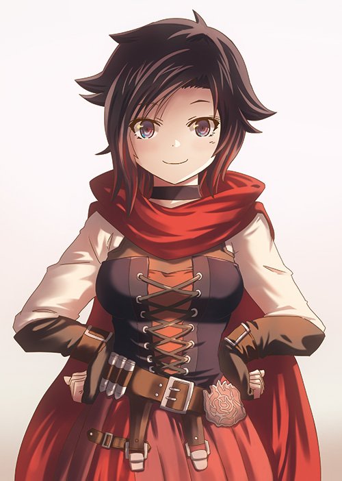 1girl ammunition belt black_choker black_hair brown_gloves cape choker cross-laced_clothes fingerless_gloves gloves gradient_hair long_sleeves looking_at_viewer moai_(moai_world) multicolored_hair red_cape red_skirt redhead ruby_rose rwby short_hair simple_background skirt smile solo standing two-tone_hair white_background