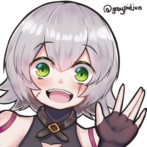 1girl artist_name bare_shoulders black_gloves blush commentary_request eyebrows_visible_through_hair face fate/grand_order fate_(series) fingerless_gloves gloves green_eyes grey_hair greypidjun hair_between_eyes jack_the_ripper_(fate/apocrypha) lowres scar scar_across_eye smile solo