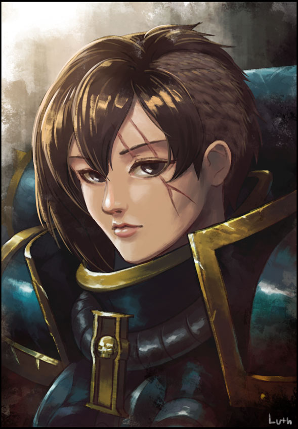 1girl adepta_sororitas artist_name body_armor brown_eyes brown_hair ears english_commentary inquisition lips looking_at_viewer lutherniel scar scar_across_eye skull solo warhammer_40k