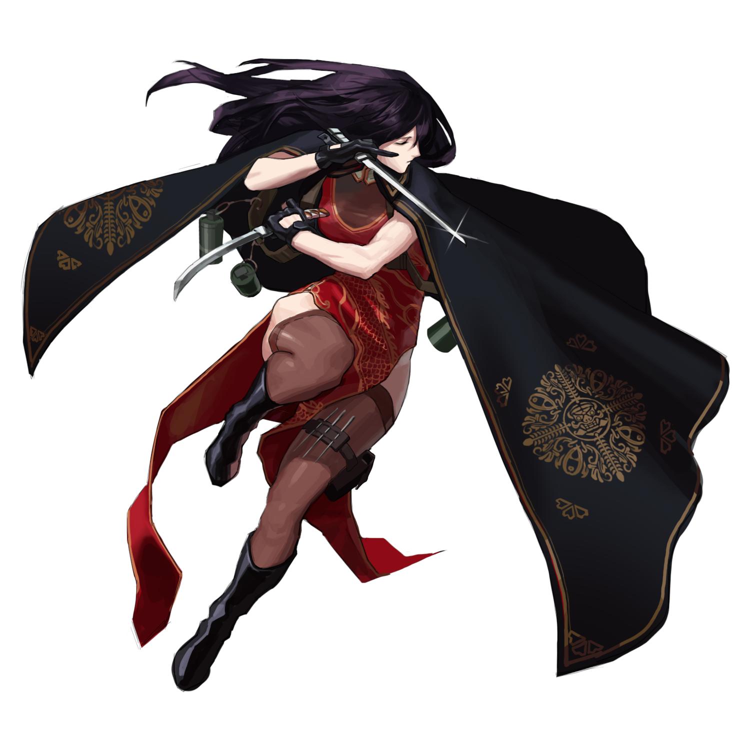1girl black_cloak black_footwear black_gloves black_hair china_dress chinese_clothes cloak closed_eyes dagger dragon_print dress dual_wielding explosive gloves grenade highres holding holding_dagger holding_weapon medium_hair nahal_(paper_hide) needle original pantyhose pouch simple_background solo weapon white_background