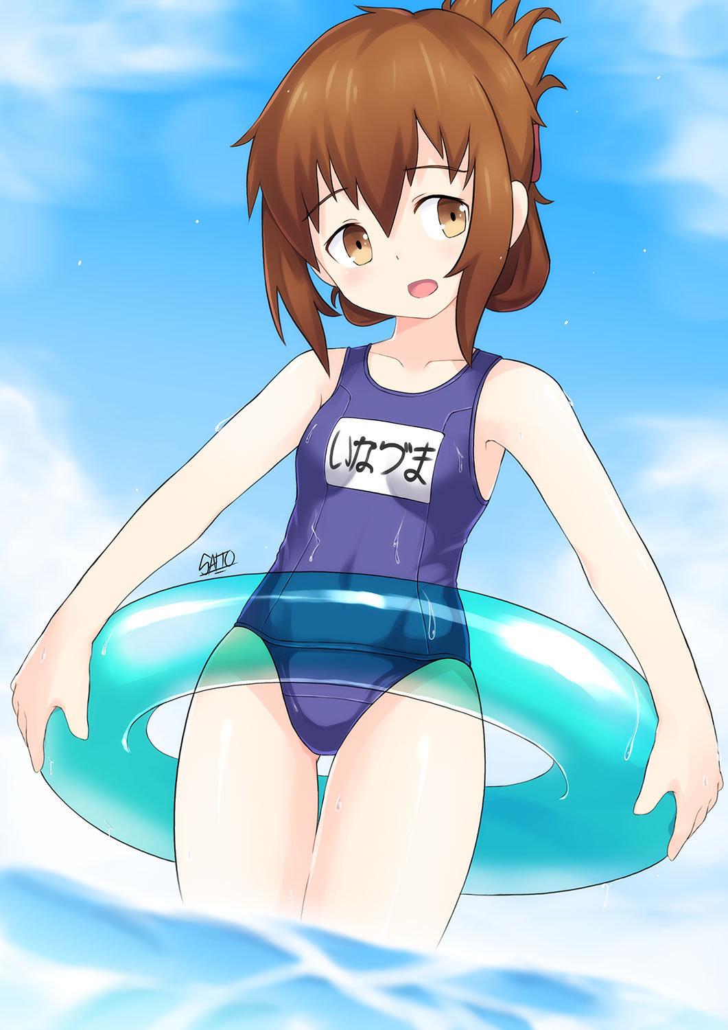 1girl artist_name blue_sky blue_swimsuit blurry brown_eyes brown_hair character_name clouds cowboy_shot day depth_of_field flat_chest folded_ponytail highres inazuma_(kantai_collection) innertube kantai_collection long_hair looking_at_viewer name_tag outdoors school_swimsuit shoutaro_saito sky solo standing swimsuit thigh_gap water