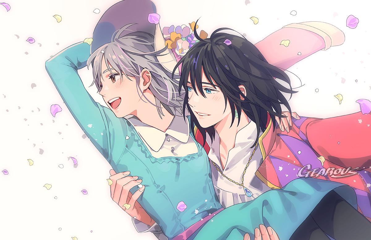 1boy 1girl :d aqua_dress artist_name black_hair black_legwear blush brown_eyes carrying couple dress earrings flower gearous happy hat hat_flower hetero howl_(howl_no_ugoku_shiro) howl_no_ugoku_shiro jacket_on_shoulders jewelry long_sleeves necklace open_mouth parted_lips pendant petals princess_carry short_hair silver_hair smile sophie_(howl_no_ugoku_shiro) spoilers watermark white_background