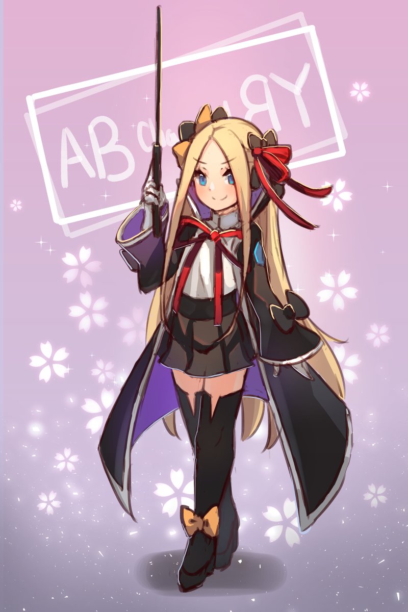 1girl abigail_williams_(fate/grand_order) bangs bb_(fate)_(all) bb_(fate/extra_ccc) bb_(fate/extra_ccc)_(cosplay) black_bow black_coat black_footwear black_jacket black_legwear black_skirt blonde_hair blue_eyes blush boots bow breasts character_name closed_mouth coat commentary cosplay english_commentary eyebrows_visible_through_hair fate/extra fate/extra_ccc fate/grand_order fate_(series) floral_background forehead full_body gloves hair_bow hair_ribbon hand_up highres holding jacket leotard long_hair long_sleeves looking_at_viewer miya_(pixiv15283026) neck_ribbon open_clothes open_coat open_jacket orange_bow parted_bangs pink_background pleated_skirt red_ribbon ribbon shirt skirt sleeves_past_wrists small_breasts smile solo sparkle thigh-highs thigh_boots v-shaped_eyebrows very_long_hair white_gloves white_leotard white_shirt wide_sleeves