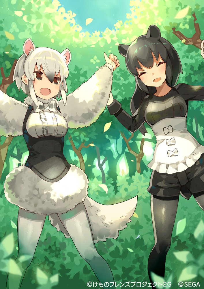 2girls :d ^_^ animal_ears arms_up bangs black_eyes black_hair black_legwear black_shorts bow bowtie closed_eyes commentary_request day extra_ears eyebrows_visible_through_hair forest fur_collar gradient_hair hair_between_eyes kemono_friends kemono_friends_3 legs_apart long_hair long_sleeves malayan_tapir_(kemono_friends) multicolored_hair multiple_girls nature open_mouth outdoors outstretched_arms pantyhose short_hair shorts skirt smile southern_tamandua_(kemono_friends) tail tamandua_ears tamandua_tail tapir_ears tapir_tail tobi_(kotetsu) tree white_hair white_legwear white_neckwear