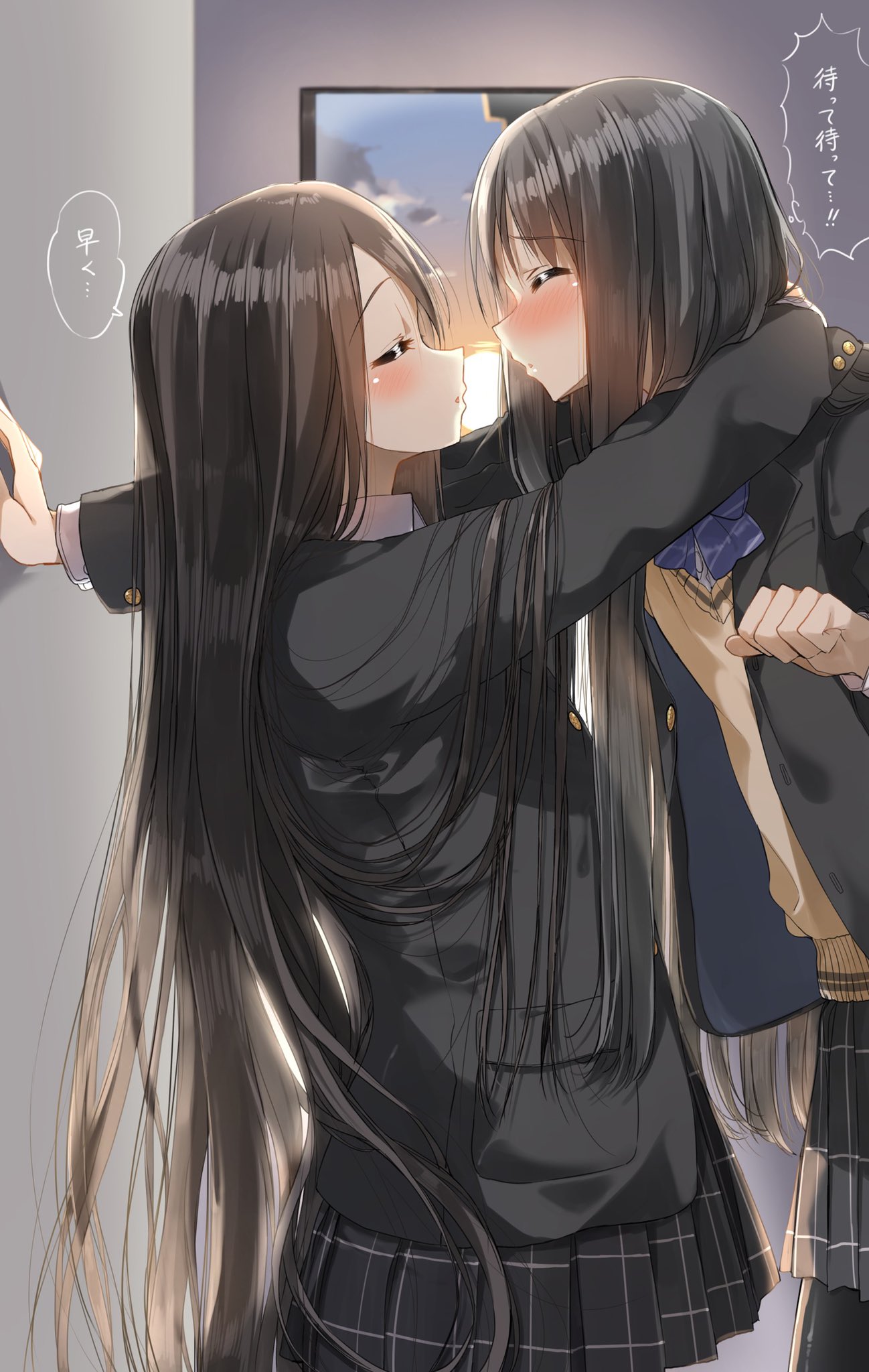 2girls :o arm_around_neck bangs black_hair black_jacket black_skirt blazer blue_bow blurry blurry_background blush bow brown_sweater closed_eyes clouds cloudy_sky collared_shirt commentary_request depth_of_field dress_shirt eyebrows_visible_through_hair highres imminent_kiss indoors jacket long_hair long_sleeves multiple_girls open_blazer open_clothes open_jacket original parted_lips pentagon_(railgun_ky1206) pleated_skirt profile school_uniform shirt skirt sky sun sunset sweater translated very_long_hair wall_slam white_shirt window yuri