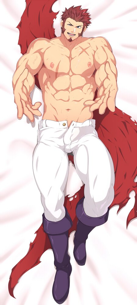 1boy abs bara beard blue_eyes boots brown_hair cape chest dakimakura facial_hair fate/grand_order fate_(series) looking_at_viewer male_focus mazjojo muscle napoleon_bonaparte_(fate/grand_order) open_clothes open_pants pants pectorals scar simple_background smile solo thighs topless