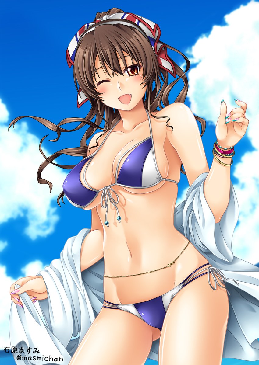 1girl artist_name ashigara_(kantai_collection) bangs bikini blue_sky bracelet breasts brown_eyes brown_hair clouds collarbone cowboy_shot day fang front-tie_bikini front-tie_top hairband high_ponytail highres ishihara_masumi jewelry kantai_collection large_breasts long_hair looking_at_viewer nail_polish navel one_eye_closed open_mouth ponytail purple_bikini remodel_(kantai_collection) side-tie_bikini sky smile solo swimsuit twitter_username wavy_hair