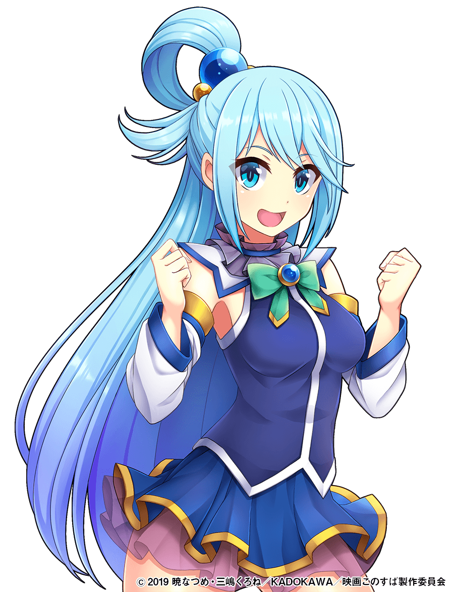 1girl aqua_(konosuba) aqua_eyes aqua_hair arm_warmers armpit_peek bow bowtie breasts cowboy_shot crossover dress edamame_senpai green_neckwear hair_bobbles hair_ornament hair_rings kono_subarashii_sekai_ni_shukufuku_wo! long_hair looking_at_viewer medium_breasts miniskirt official_art open_mouth pleated_skirt short_dress simple_background skirt smile solo thighs vivid_army watermark white_background