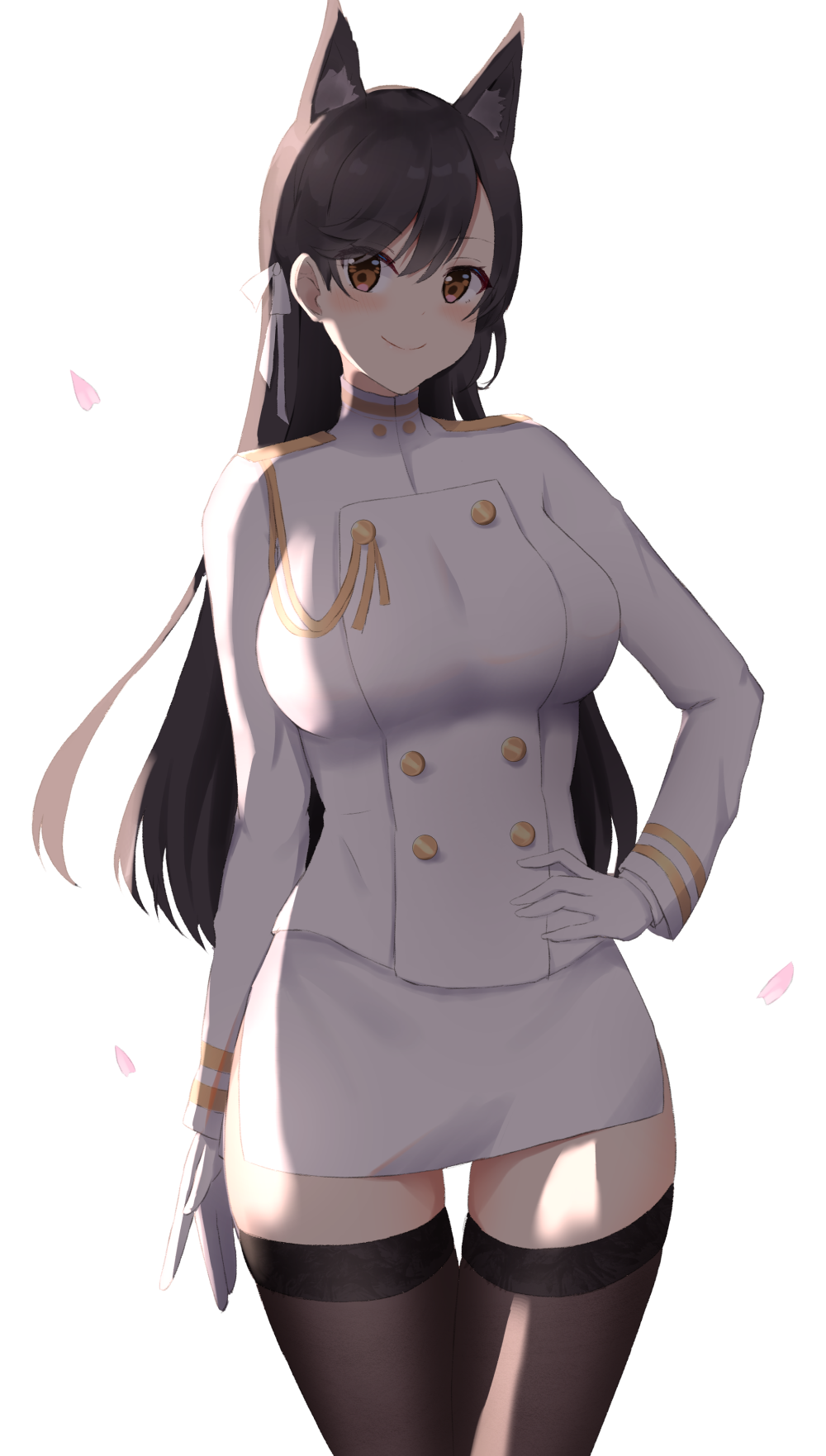 1girl akagikoku animal_ears atago_(azur_lane) azur_lane black_hair black_legwear breasts brown_eyes closed_mouth commentary_request cowboy_shot double-breasted gloves hair_ribbon hand_on_hip highres jacket large_breasts long_hair long_sleeves looking_at_viewer military military_uniform miniskirt pencil_skirt petals ribbon side_slit skirt smile solo thigh-highs thigh_gap turtleneck uniform white_gloves white_jacket white_skirt zettai_ryouiki