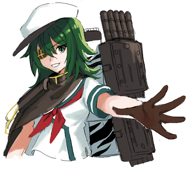 1girl akagi_kurage bangs black_cloak brown_gloves cloak cropped_torso eyebrows_visible_through_hair eyepatch gloves green_eyes green_hair green_sailor_collar hair_between_eyes hat kantai_collection kiso_(kancolle) looking_at_viewer neckerchief outstretched_arm parted_lips peaked_cap red_neckwear sailor_collar shirt short_sleeves simple_background smile solo torpedo_tubes upper_body white_background white_headwear white_shirt