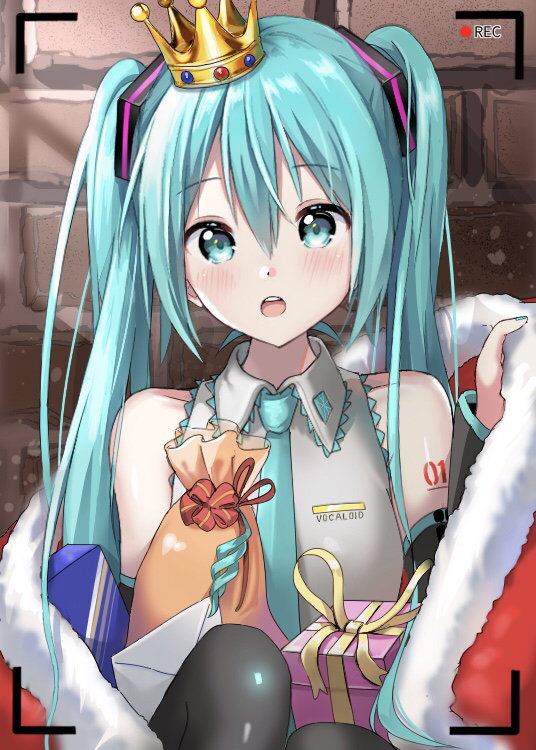 1girl :o aqua_eyes aqua_hair bag bare_shoulders black_legwear black_sleeves box brick_wall cape commentary crown detached_sleeves envelope fur-trimmed_cape fur_trim gift gift_bow gift_box grey_shirt hair_ornament hatsune_miku knees_up light_blush long_hair looking_at_viewer neon_lights open_mouth recording red_cape shirt shoulder_tattoo sitting sleeveless sleeveless_shirt solo tattoo thigh-highs tsukiringo twintails very_long_hair viewfinder vocaloid