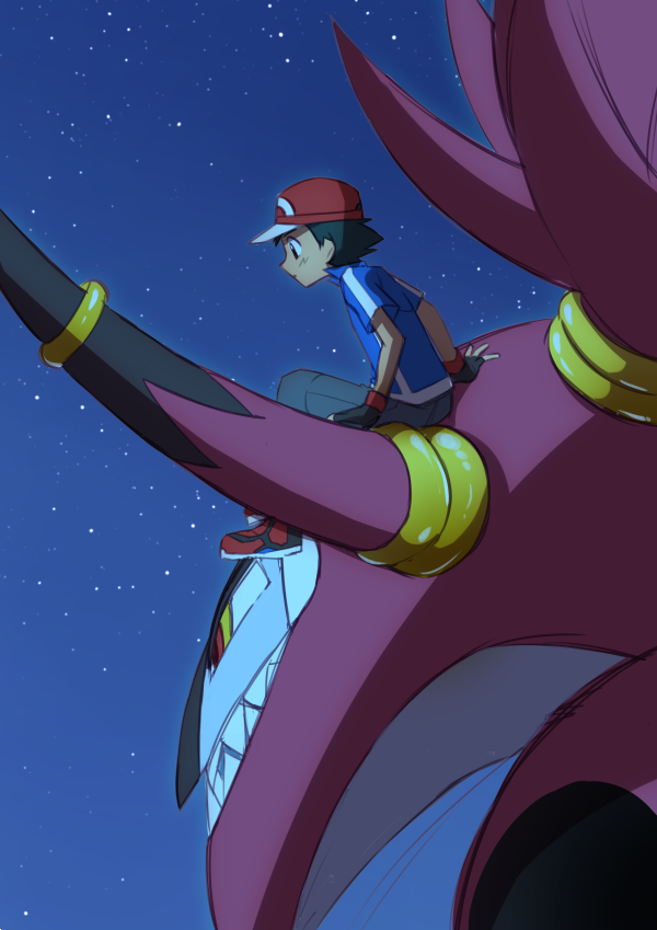 1boy ame_(ame025) ash_ketchum baseball_cap black_gloves black_hair blue_jacket closed_mouth fingerless_gloves from_side gen_6_pokemon gloves grey_pants hat hoopa hoopa_(unbound) jacket male_focus mythical_pokemon night outdoors pants pokemon pokemon_(anime) pokemon_(creature) pokemon_xy_(anime) red_footwear red_headwear shoes short_hair short_sleeves sitting sky star_(symbol)