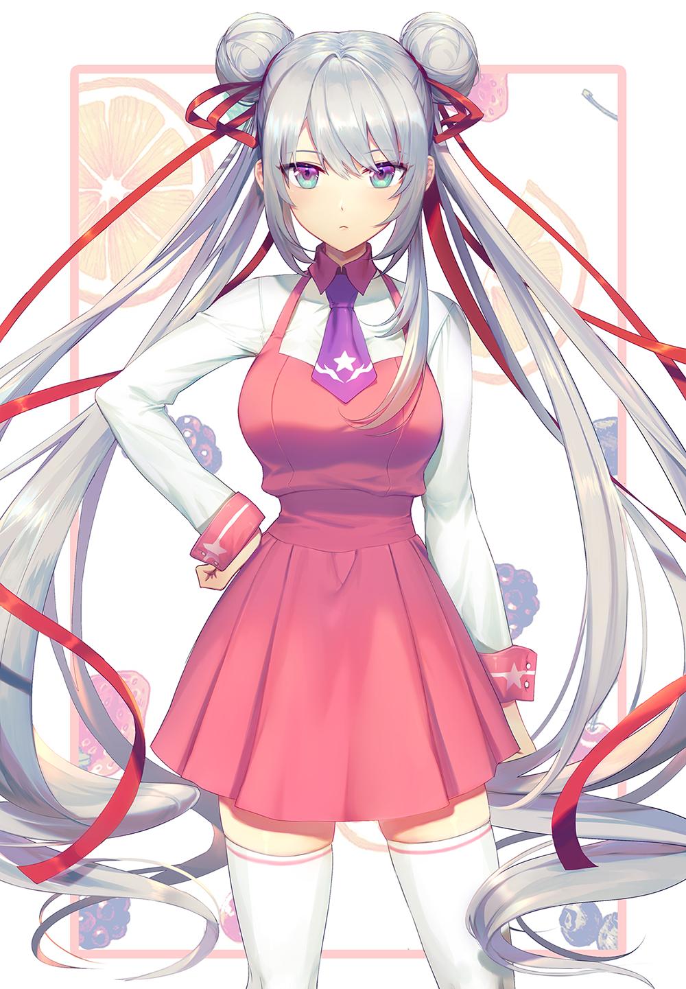 1girl breasts character_request copyright_request double_bun eyebrows_visible_through_hair green_eyes hair_ribbon hand_on_hip highres kimroy long_hair long_sleeves looking_at_viewer medium_breasts multicolored multicolored_eyes necktie purple_neckwear red_ribbon ribbon silver_hair solo thigh-highs twintails very_long_hair violet_eyes white_legwear