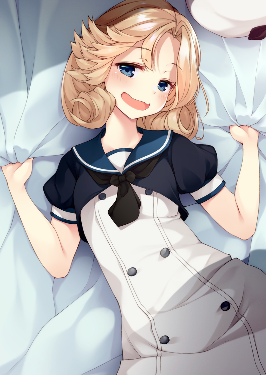 1girl bangs bed_sheet black_neckwear blonde_hair blue_eyes blue_sailor_collar blush buttons dress eyebrows_visible_through_hair fang half-closed_eyes hat hat_removed headwear_removed highres janus_(kantai_collection) kantai_collection lying mofu_namako on_back open_mouth sailor_collar sailor_dress sheet_grab short_hair short_sleeves skin_fang solo wavy_mouth white_dress white_headwear