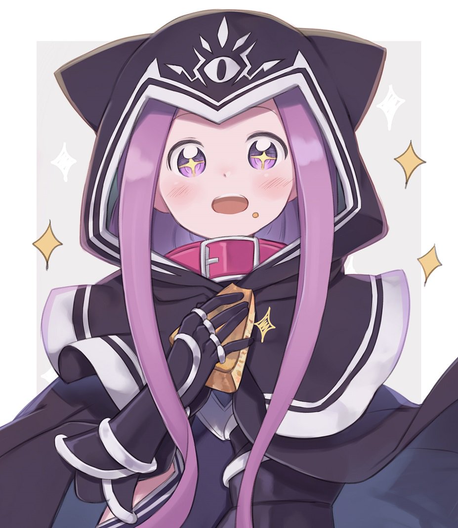 +_+ 1girl animal_hood black_gloves blush cape cat_hood commentary_request fate/grand_order fate_(series) food food_on_face gloves happy hood hooded_cape long_hair medusa_(lancer)_(fate) open_mouth purple_hair solo sparkle totatokeke two-tone_background upper_body vambraces violet_eyes