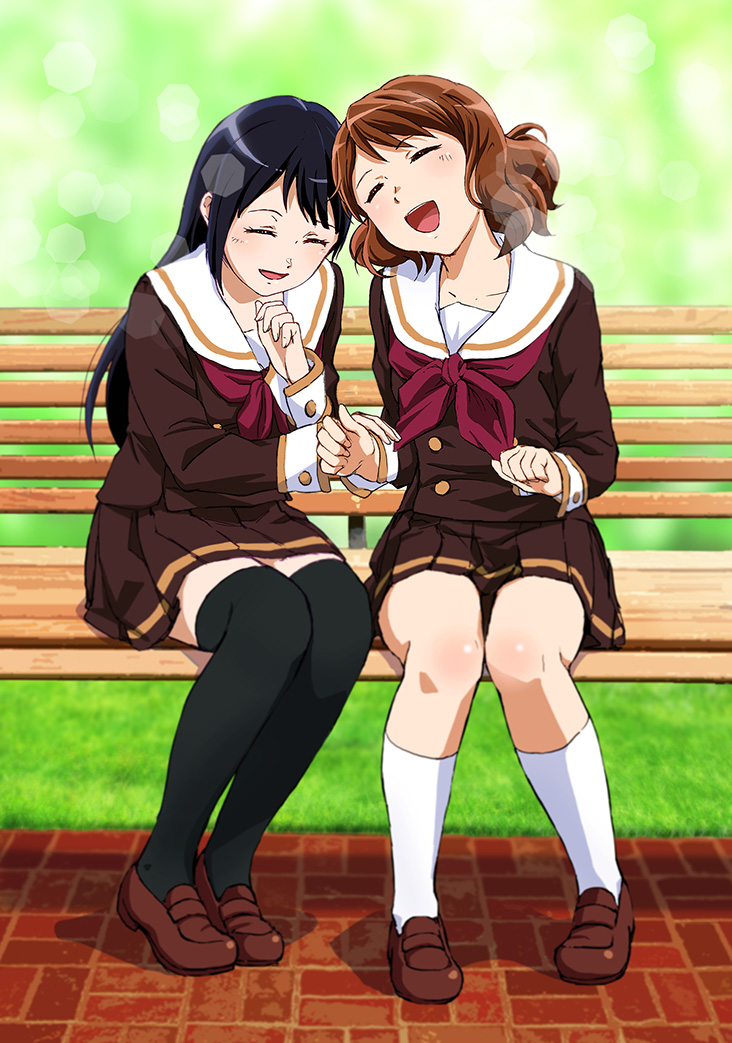 2girls bench black_hair brown_hair brown_serafuku closed_eyes hibike!_euphonium kousaka_reina long_hair multiple_girls open_mouth oumae_kumiko pleated_skirt school_uniform serafuku sitting skirt smile thigh-highs uzuki_noboru_(denchuu_shoujo) wooden_bench zettai_ryouiki