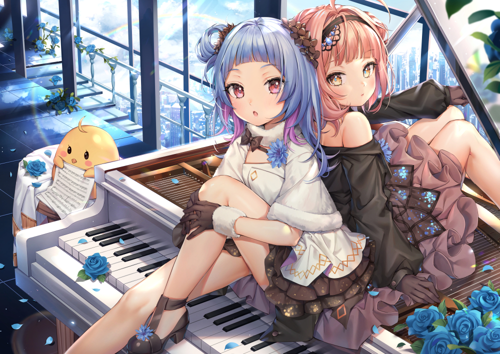 2girls :o ahoge azur_lane back-to-back bare_shoulders bird black_dress black_footwear black_gloves blue_flower blue_hair brown_eyes brown_hair building chick day dress flower fur_trim gloves grand_piano hair_flower hair_ornament hair_rings headband instrument knee_up leg_hug long_hair looking_at_viewer mamemena manjuu_(azur_lane) multicolored_hair multiple_girls off-shoulder_dress off_shoulder official_art one_side_up parted_lips petals piano pink_hair purple_hair red_eyes rose sheet_music shoes short_hair sitting sitting_on_object two-tone_hair u-556_(azur_lane) u-556_(party_knight!)_(azur_lane) u-81_(azur_lane) u-81_(tranquil_serenade)_(azur_lane) white_dress window