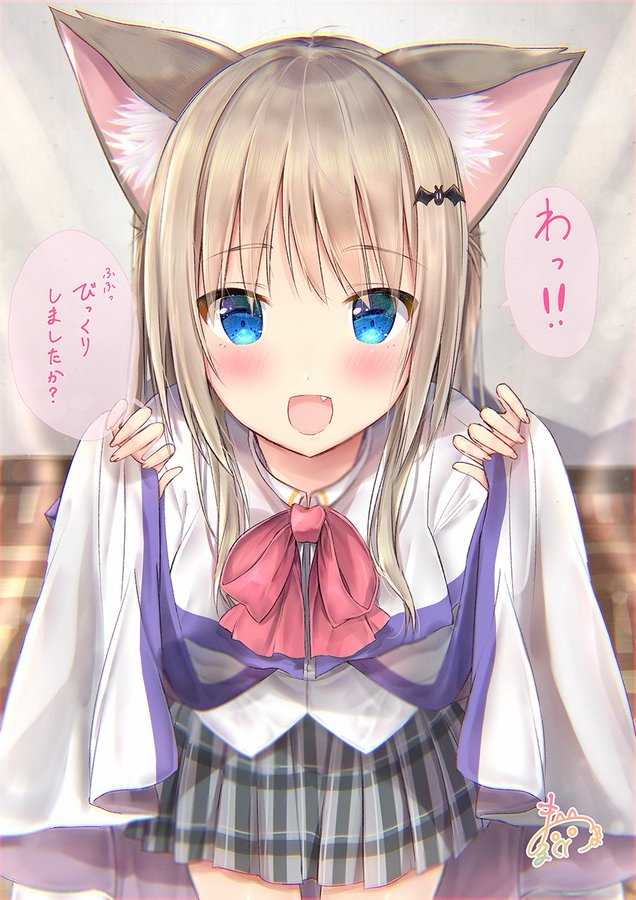 1girl :d animal_ear_fluff animal_ears bangs bat_hair_ornament blue_eyes blurry blurry_background blush bow cape collared_shirt commentary_request depth_of_field eyebrows_visible_through_hair fang fingernails grey_skirt hair_ornament hands_up kemonomimi_mode light_brown_hair little_busters!! long_hair maruma_(maruma_gic) noumi_kudryavka open_mouth plaid plaid_skirt pleated_skirt red_bow shirt signature skirt smile solo translated white_cape white_shirt