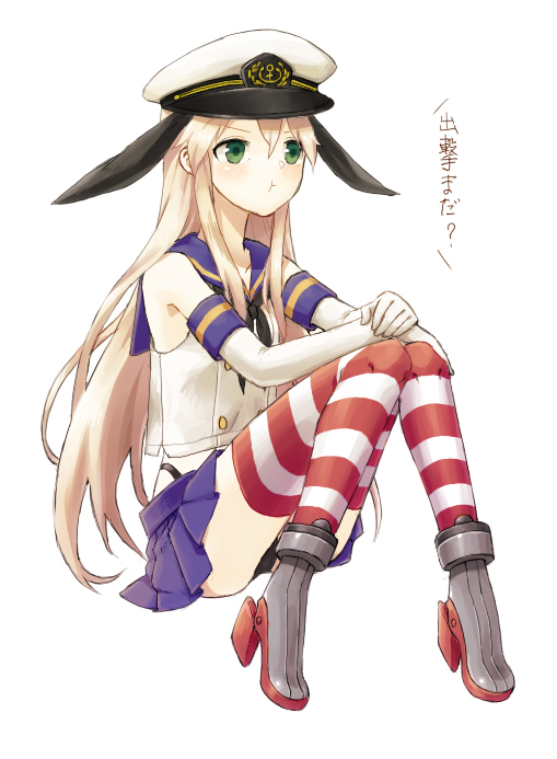 1girl anchor_hair_ornament black_panties blonde_hair blue_sailor_collar blue_skirt commentary_request crop_top diomedea elbow_gloves gloves green_eyes hair_ornament hat highleg highleg_panties invisible_chair kadokawa_games kantai_collection long_hair microskirt miniskirt panties peaked_cap pleated_skirt pout sailor_collar shimakaze_(kantai_collection) simple_background sitting skirt solo striped striped_legwear takowasa thigh-highs tsundere underwear white_background white_gloves white_headwear