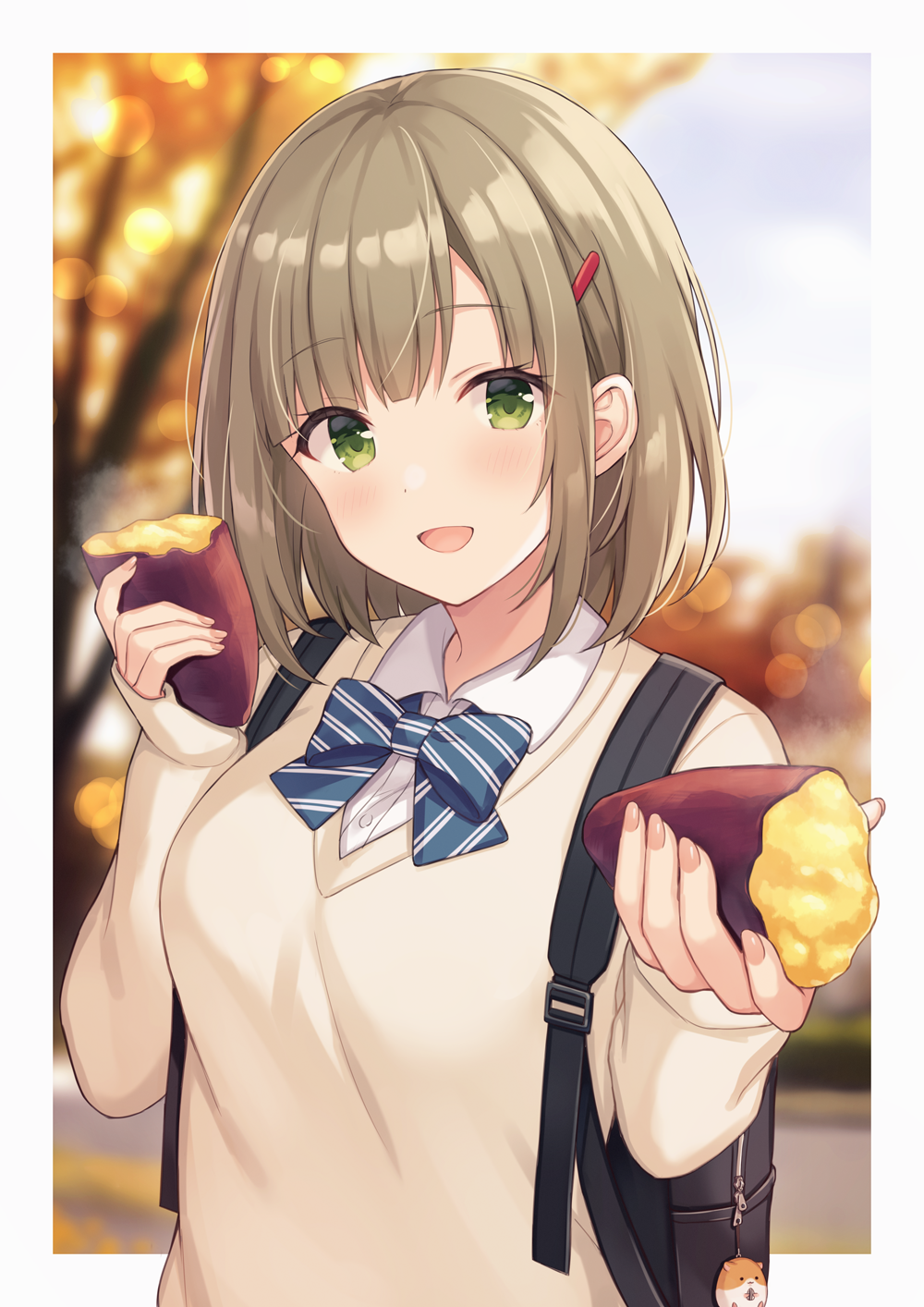 1girl :d backpack bag blue_neckwear blurry blurry_background blush bow bowtie brown_hair brown_sweater collared_shirt commentary_request depth_of_field food green_eyes hair_ornament hairclip highres holding holding_food looking_at_viewer nagisa3710 open_mouth original school_uniform shirt short_hair sidelocks smile solo steam striped striped_neckwear sweater sweet_potato undershirt upper_body white_shirt yakiimo