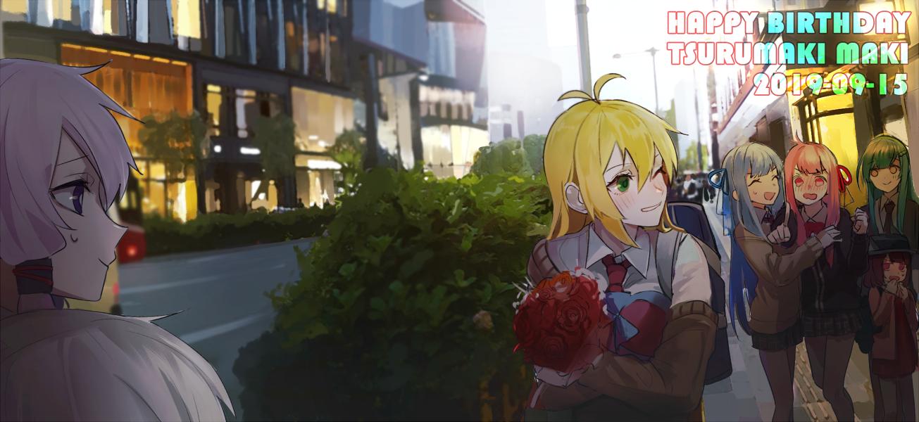 6+girls ahoge backpack bag blonde_hair blue_hair blurry blurry_background blush bouquet brown_hair building bush character_name city closed_eyes dated flower green_eyes green_hair happy_birthday holding holding_bouquet kizuna_akari kotonoha_akane kotonoha_aoi long_hair multiple_girls one_eye_closed outdoors parted_lips purple_hair red_eyes redhead road siblings silver_hair sisters smile street sweatdrop touhoku_kiritan touhoku_zunko tsurumaki_maki urban v_cho3 violet_eyes voiceroid white_sky yuzuki_yukari