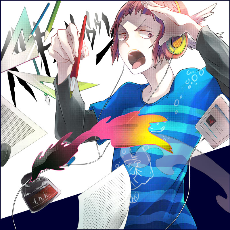 1boy arms_up bakuman blue_background blue_shirt bowl_cut colored_pencil colorful digital_media_player fingernails floating fountain_pen gradient headphones hinatsu holding holding_pen ink long_sleeves looking_away male_focus niizuma_eiji open_mouth pages pen pencil red_eyes redhead ruler shaded_face shirt simple_background striped striped_shirt teeth tongue tongue_out two-tone_background upper_body upper_teeth v-shaped_eyebrows white_background