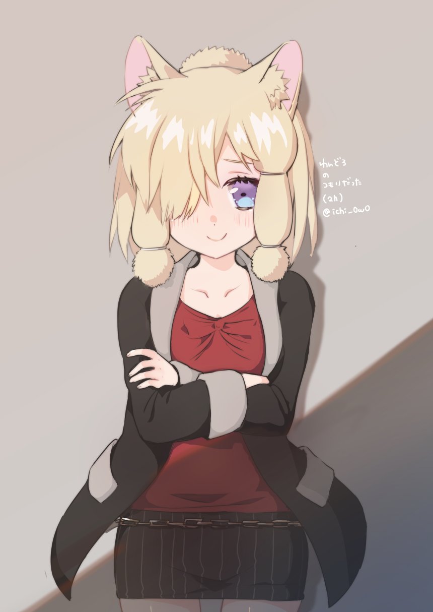 1girl alpaca_ears alpaca_suri_(kemono_friends) animal_ears artist_name black_legwear black_skirt blonde_hair blue_eyes blush casual closed_mouth crossed_arms hair_over_one_eye highres ichi_0w0 kemono_friends long_sleeves looking_at_viewer miniskirt short_hair skirt smile solo twitter_username