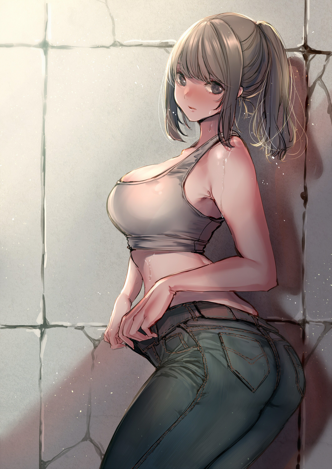 1girl against_wall amane_ruri ass bangs breasts commentary_request denim grey_eyes grey_hair highres jeans large_breasts looking_at_viewer medium_hair midriff original pants ponytail sidelocks solo sports_bra sweat