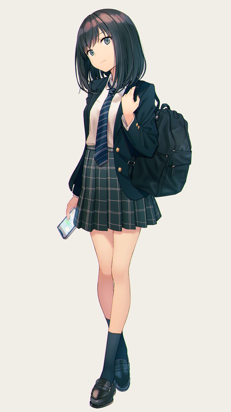 1girl backpack bag bare_legs black_eyes black_footwear black_hair black_jacket black_legwear black_skirt blazer cellphone closed_mouth collared_shirt expressionless full_body grey_background head_tilt high-waist_skirt highres holding holding_phone hyuuga_azuri jacket loafers long_sleeves looking_at_viewer medium_hair necktie open_clothes open_jacket original phone plaid plaid_skirt pleated_skirt school_uniform shirt shirt_tucked_in shoes simple_background skirt smartphone socks solo standing striped striped_neckwear white_shirt