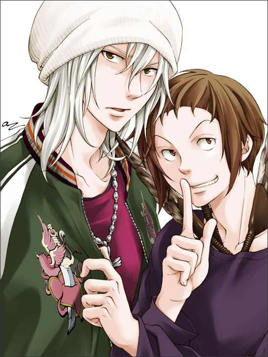 2girls bakuman bandana black_border border bowl_cut brown_eyes brown_hair clenched_teeth close-up collarbone expressionless feathers finger_to_mouth fountain_pen frown fukuda_shinta green_jacket grin hair_between_eyes hand_on_another's_chest jacket jewelry kas92 lips long_sleeves looking_at_viewer male_focus multiple_girls necklace niizuma_eiji open_clothes open_jacket parted_lips pen purple_shirt shirt simple_background smile teeth upper_body white_background white_bandana white_hair
