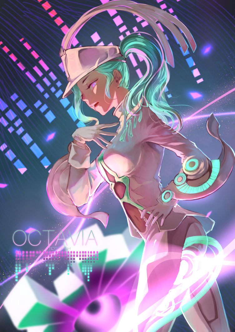 1girl aqua_eyes aqua_hair bangs breasts commentary_request gloves glowing glowing_eye hand_on_hip hat humanization long_hair looking_at_viewer navel octavia parted_lips phytoster ponytail solo warframe white_gloves