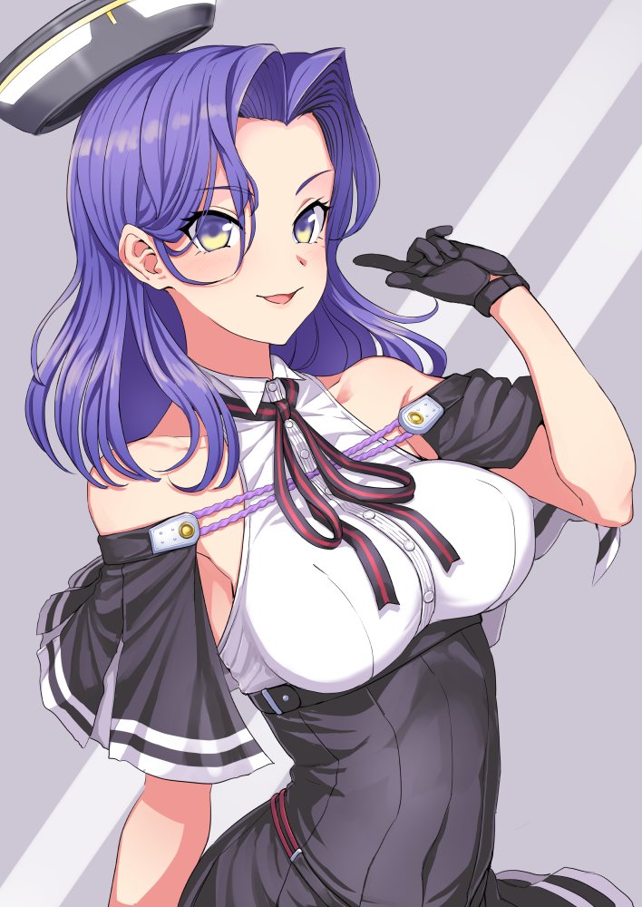 1girl bare_shoulders black_gloves blush breasts buttons capelet dress eyelashes gloves grey_background kantai_collection kumadano long_hair mechanical_halo medium_breasts neck_ribbon open_mouth purple_hair remodel_(kantai_collection) ribbon sleeveless sleeveless_dress solo tatsuta_(kantai_collection) upper_body violet_eyes