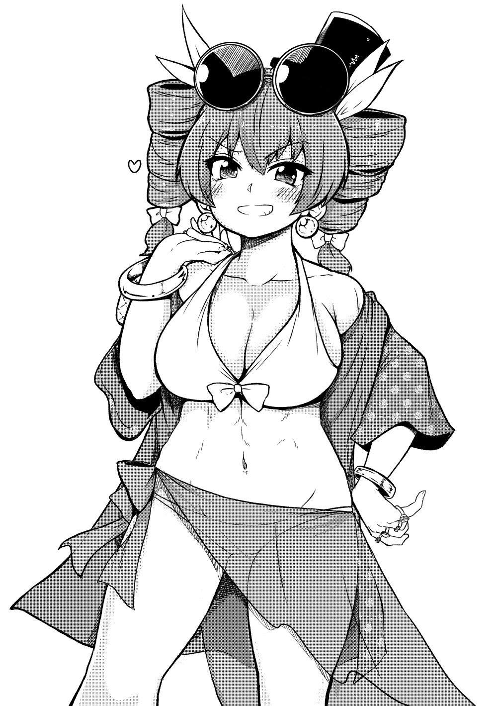 1girl abs alternate_costume bangle bikini blush bracelet breasts collarbone commentary_request cowboy_shot drill_hair earrings eyewear_on_head grin hand_on_hip hat highres himajin_noizu jacket jewelry large_breasts looking_at_viewer mini_hat mini_top_hat monochrome off_shoulder open_clothes open_jacket ring sarong simple_background smile smug solo standing sunglasses swimsuit toned top_hat touhou twintails white_background yorigami_jo'on