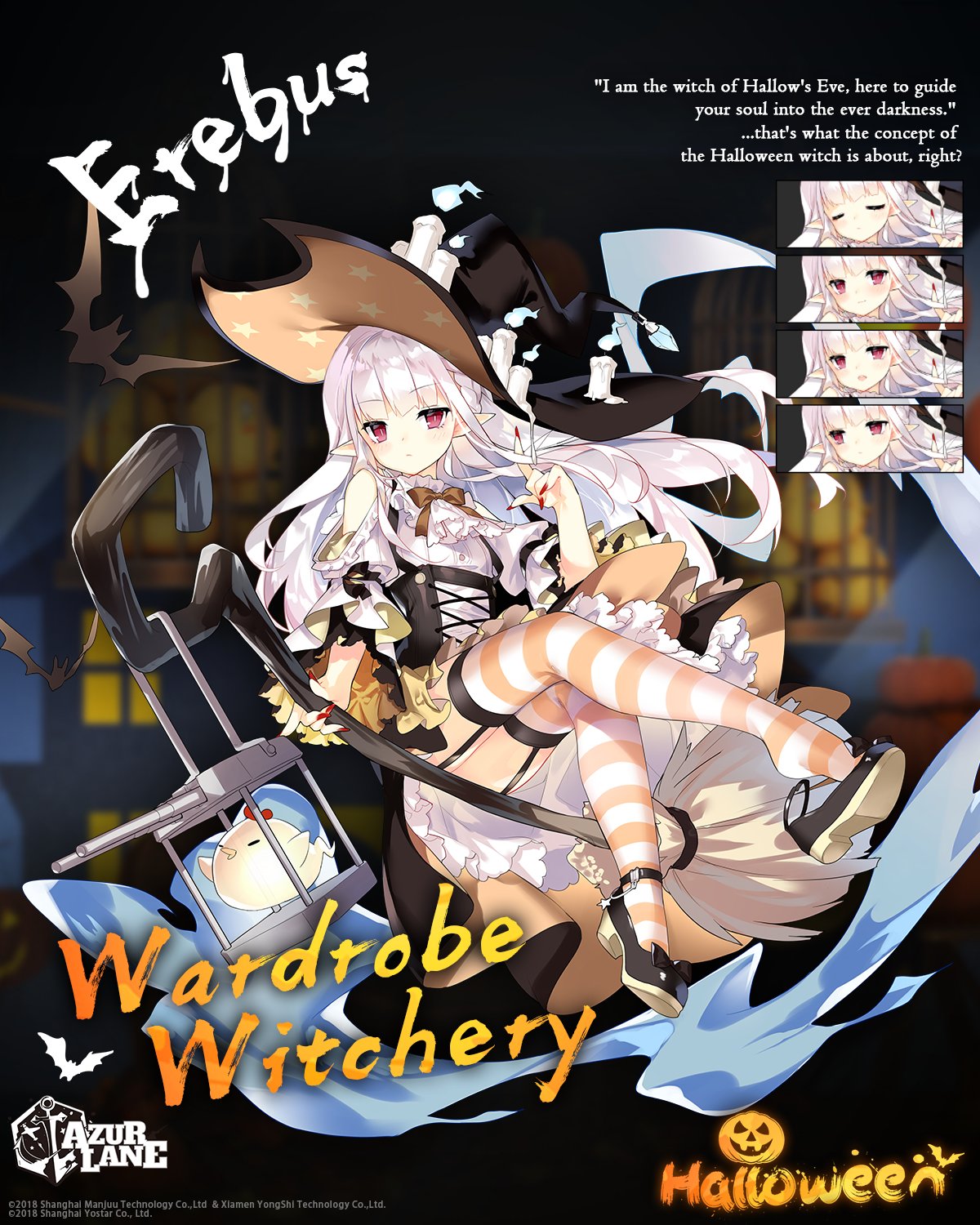 1girl anchor_symbol azur_lane bare_shoulders bat blush broom broom_riding candle character_name closed_eyes copyright_name english_commentary english_text erebus_(azur_lane) erebus_(wardrobe_witchery)_(azur_lane) expressions fingernails garter_belt halloween halloween_costume hat highres long_fingernails manjuu_(azur_lane) nail_polish official_art open_mouth pointy_ears red_eyes red_nails saru shoulder_cutout solo striped striped_legwear thigh-highs white_hair witch witch_hat
