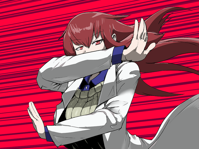 1girl bangs brown_eyes collared_shirt crossed_arms game_cg hair_blowing labcoat long_hair looking_at_viewer mon-musu_quest! mon-musu_quest:_paradox parody promestein redhead setouchi_(blackse) shirt sidelocks solo steins;gate upper_body