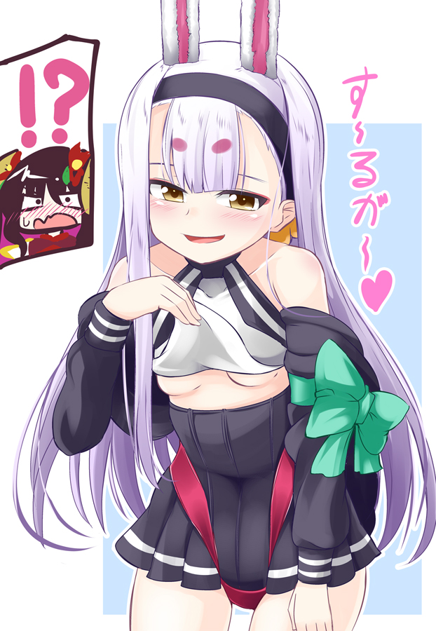 !? 2girls animal_ears azur_lane bare_shoulders blush bow breasts brown_hair detached_sleeves embarrassed heart hikimayu ichimi lavender_hair lifted_by_self looking_at_viewer multiple_girls open_mouth rabbit_ears shimakaze_(azur_lane) skirt smile suruga_(azur_lane) translation_request under_boob yellow_eyes