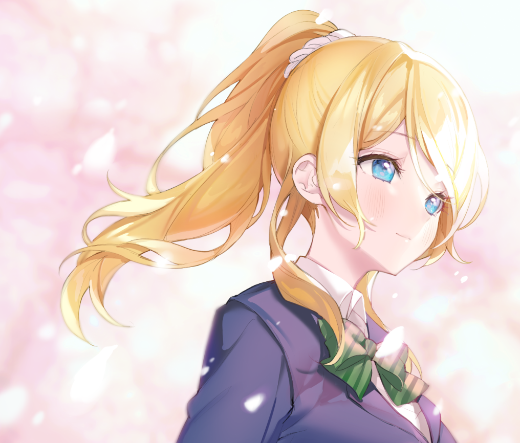 1girl a20_(atsumaru) ayase_eli bangs birthday blonde_hair blue_eyes cherry_blossoms commentary_request eyebrows_visible_through_hair long_hair love_live! love_live!_school_idol_project otonokizaka_school_uniform ponytail school_uniform sidelocks smile upper_body