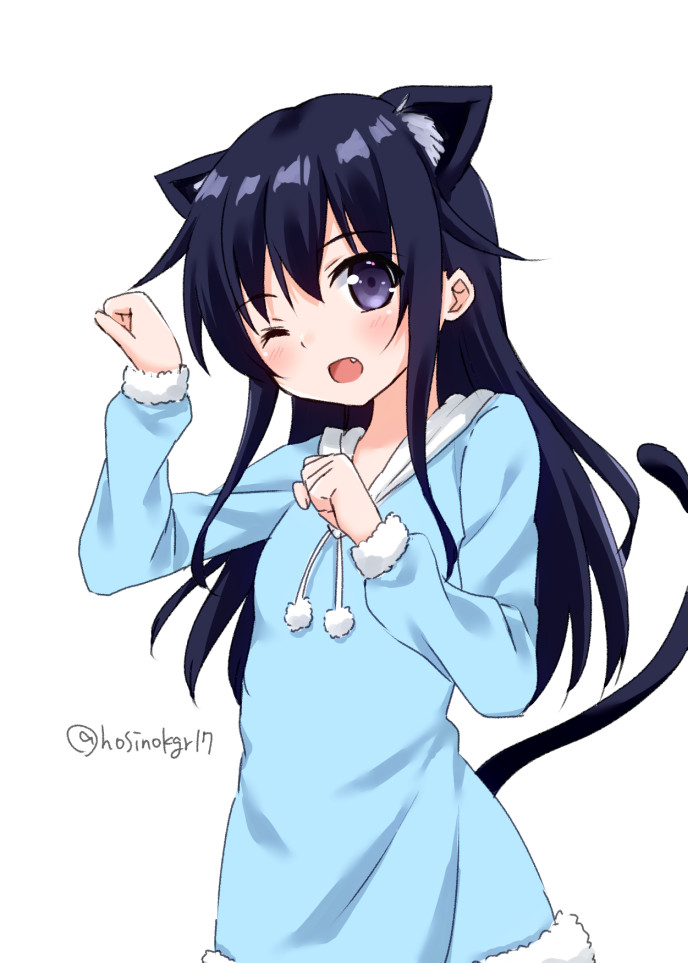 1girl ;d akatsuki_(kantai_collection) alternate_costume animal_ear_fluff animal_ears arm_up bangs black_hair blue_hoodie blush cat_ears cat_girl cat_tail drawstring eyebrows_visible_through_hair fang fur-trimmed_sleeves fur_trim hair_between_eyes hand_up hood hood_down hoodie hoshino_kagari kantai_collection kemonomimi_mode long_hair long_sleeves looking_at_viewer one_eye_closed open_mouth pom_pom_(clothes) simple_background smile solo tail twitter_username very_long_hair violet_eyes white_background