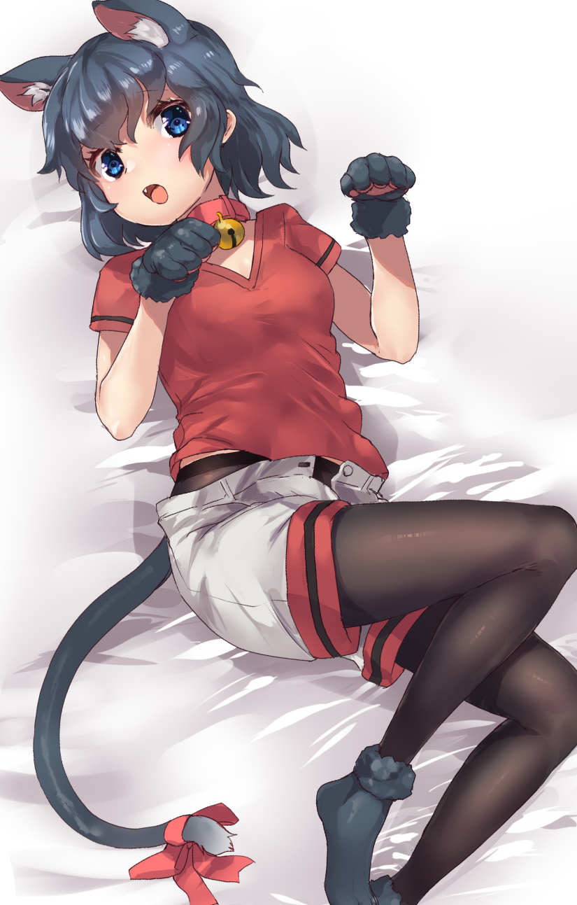 1girl animal_ear_fluff animal_ears bell bell_collar black_hair black_legwear blue_eyes blush bow cat_ears cat_girl cat_tail collar covered_nipples extra_ears eyebrows_visible_through_hair fang fur_trim gloves highres kaban_(kemono_friends) kemono_friends kemonomimi_mode legwear_under_shorts lying no_hat no_headwear on_back on_bed open_mouth pantyhose paw_gloves paw_pose paws red_bow red_collar red_shirt shirt short_hair short_sleeves shorts solo t-shirt tadano_magu tail tail_bow
