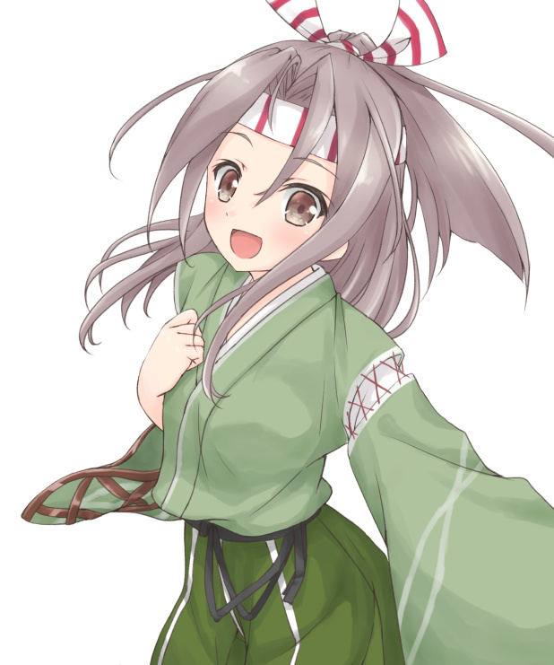 1girl :d bangs blush brown_eyes brown_hair eyebrows_visible_through_hair green_kimono green_pants hair_between_eyes hakama_pants hand_up headband high_ponytail hoshino_kagari japanese_clothes kantai_collection kimono long_hair long_sleeves looking_at_viewer open_mouth pants parted_bangs ponytail simple_background smile solo white_background wide_sleeves zuihou_(kantai_collection)