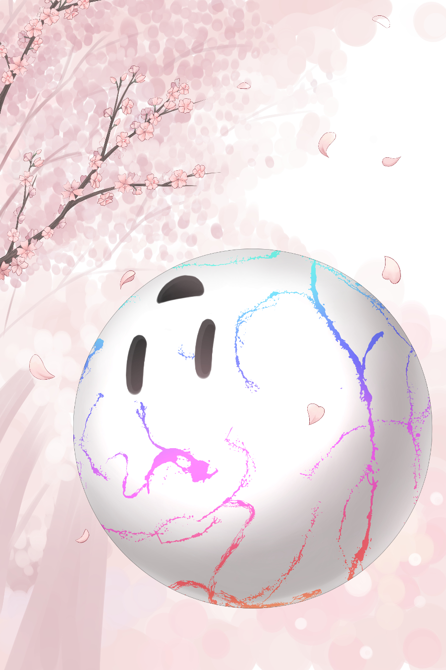 1other cherry_blossoms commentary_request empty_eyes hal_laboratory_inc. highres hoshi_no_kirby kirby:_star_allies kirby_(series) monster multicolored multicolored_background nintendo no_humans open_mouth petals pink_background pink_theme rainbow smile solo sora_(sunday_sky) spoilers tree tree_branch upside-down veins void_soul white_background white_skin white_sky